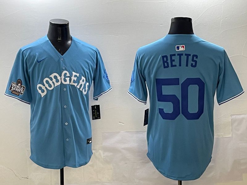 Men Los Angeles Dodgers #50 Betts Light Blue Throwback Game 2025 Nike MLB Jersey style 15